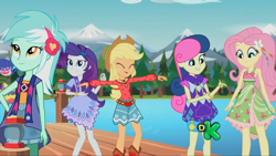 Size: 1920x1080 | Tagged: safe, screencap, applejack, bon bon, fluttershy, lyra heartstrings, rarity, sweetie drops, equestria girls, legend of everfree, camp fashion show outfit, discovery kids