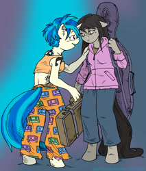 Size: 852x1000 | Tagged: safe, artist:kaemantis, dj pon-3, octavia melody, vinyl scratch, anthro, unguligrade anthro, alternate hairstyle, clothes, female, hoodie, lesbian, midriff, scratchtavia, shipping, tattoo