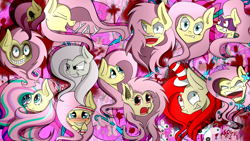 Size: 3309x1861 | Tagged: safe, artist:lixthefork, fluttershy, saddle rager, bat pony, pegasus, pony, .mov, black sclera, blood, cheering, discorded, elements of insanity, emoshy, eyes closed, female, flutterbat, flutterbitch, flutterrage, fluttershed, fluttershout, flutteryay, headband, mare, multeity, power ponies, race swap, rainbow power, shed.mov, so much flutter, stare, the stare, yay