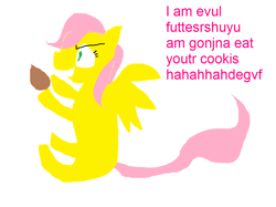 Size: 964x720 | Tagged: safe, fluttershy, pegasus, pony, cookie, evil, food, solo