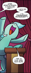 Size: 416x984 | Tagged: safe, artist:agnesgarbowska, idw, lyra heartstrings, pony, spoiler:comic, spoiler:comic46, cropped, female, mare, official comic, offscreen character, podium, solo, speech bubble