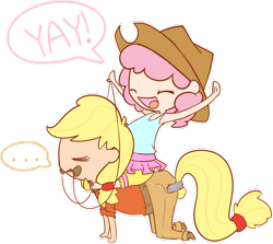 Size: 900x802 | Tagged: safe, artist:portal-pie, applejack, pinkie pie, human, all fours, chibi, clothes, cute, humanized, humans doing horse things, humans riding humans, pony play, reins, riding, skirt