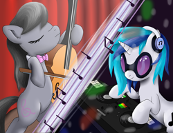 Size: 3300x2550 | Tagged: safe, artist:animatorphoenix, dj pon-3, octavia melody, vinyl scratch, earth pony, pony, cello, headphones, music notes, musical instrument, turntable