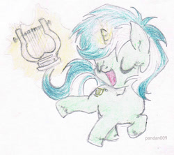 Size: 892x791 | Tagged: safe, artist:pandan009, lyra heartstrings, pony, unicorn, eyes closed, filly, levitation, lyre, magic, playing, singing, solo, telekinesis, traditional art, younger