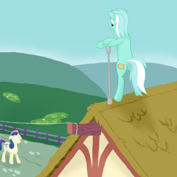 Size: 3500x3500 | Tagged: safe, artist:frostspear, bon bon, lyra heartstrings, sweetie drops, pony, bipedal, house, roof, tightrope