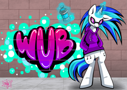 Size: 2801x2001 | Tagged: safe, artist:mikoworks, dj pon-3, vinyl scratch, pony, bipedal, clothes, graffiti, hoodie, solo