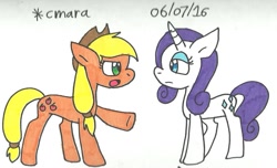 Size: 1058x645 | Tagged: safe, artist:cmara, applejack, rarity, earth pony, pony, unicorn, female, horn, mare, traditional art