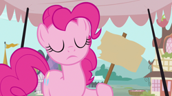 Size: 1280x719 | Tagged: safe, edit, edited screencap, screencap, pinkie pie, pony, putting your hoof down, eyes closed, prices, sign, solo, template