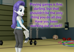 Size: 1514x1073 | Tagged: safe, artist:pika-robo, rarity, equestria girls, 3d, ass, boobs and butt pose, butt, fitness, gym, looking back, purple text, rearity, source filmmaker, talking to viewer, text, towel, wii fit trainer