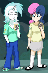 Size: 1432x2171 | Tagged: safe, artist:meganekkoplymouth241, bon bon, lyra heartstrings, sweetie drops, human, magic duel, clothes, horned humanization, humanized, mary janes, sandals, scene interpretation, shoes, skirt, smoothie, socks