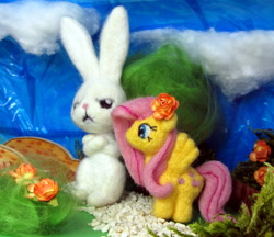 Size: 1500x1294 | Tagged: safe, artist:atelok, angel bunny, fluttershy, pony, duo, flower, irl, photo, plushie