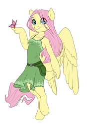 Size: 1024x1463 | Tagged: safe, artist:joan-grace, fluttershy, anthro, butterfly, pegasus, unguligrade anthro, alternate universe, clothes, dress, female, hoof hands, mare, rebellion, simple background, solo, white background