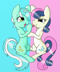 Size: 1075x1293 | Tagged: safe, artist:springveil, bon bon, lyra heartstrings, sweetie drops, earth pony, pony, unicorn, adorabon, bon bon is amused, comic, cute, looking at each other, lyrabetes, open mouth, silly, silly lyra, silly pony, smiling, tongue out