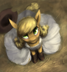 Size: 957x1017 | Tagged: safe, artist:bakuel, applejack, earth pony, pony, alternate hairstyle, boots, clothes, cowboy hat, hat, looking up, sitting, solo, stetson, white dress