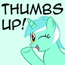 Size: 1000x1000 | Tagged: safe, lyra heartstrings, pony, unicorn, caption, female, looking at you, mare, one eye closed, reaction image, simple background, solo, text, thumbs up, wink