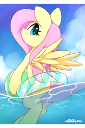 Size: 720x1080 | Tagged: safe, artist:dshou, fluttershy, pegasus, pony, ball, beach ball, cute, inner tube, life preserver, looking at you, looking back, ocean, shyabetes, smiling, solo, water