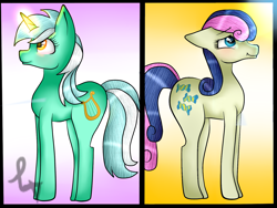 Size: 1560x1170 | Tagged: safe, artist:bladedeehunter, bon bon, lyra heartstrings, sweetie drops, pony, unicorn, female, horn, mare