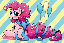 Size: 802x543 | Tagged: safe, artist:yukandasama, pinkie pie, pony, balloon, bow, cute, diapinkes, looking at you, open mouth, ribbon, sitting, solo