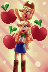 Size: 2000x3000 | Tagged: safe, artist:discorded, applejack, equestria girls, boots, clothes, cowboy boots, cowboy hat, cute, denim skirt, hat, human ponidox, jackabetes, open mouth, paradox, piggyback ride, ponies riding humans, self ponidox, skirt, stetson