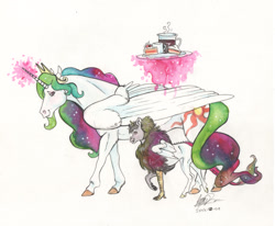 Size: 1024x843 | Tagged: safe, artist:sagastuff94, princess celestia, oc, alicorn, draconequus, hybrid, pony, alicorn oc, cake, cakelestia, draconequus oc, female, foal, food, hoers, interspecies offspring, jewelry, levitation, magic, mare, moon, mother and child, mother and daughter, mug, next generation, offspring, parent and child, parent:discord, parent:princess celestia, parents:dislestia, pitcher, realistic anatomy, realistic horse legs, regalia, solo, telekinesis, traditional art, watercolor painting
