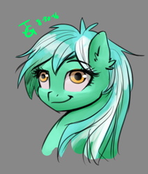 Size: 1024x1205 | Tagged: safe, artist:joan-grace, lyra heartstrings, bust, derp, ear fluff, gray background, missing horn, portrait, race swap, simple background, smiling, solo