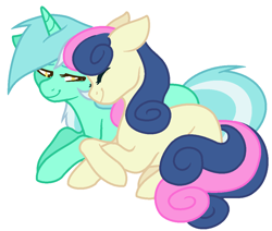 Size: 1056x896 | Tagged: safe, artist:riiichie, bon bon, lyra heartstrings, sweetie drops, earth pony, pony, unicorn, cuddling, eyes closed, female, floppy ears, happy, lesbian, lidded eyes, lyrabon, mare, missing cutie mark, prone, shipping, simple background, smiling, snuggling, white background