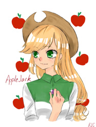 Size: 768x1024 | Tagged: safe, artist:riclike, applejack, equestria girls, apple, bust, cute, food, gem, human coloration, jackabetes, pixiv, solo