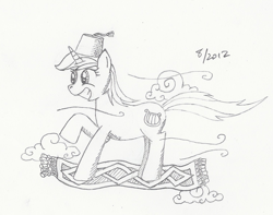 Size: 1507x1188 | Tagged: safe, artist:arctic-lux, lyra heartstrings, fez, flying carpet, grayscale, hat, monochrome, solo, traditional art