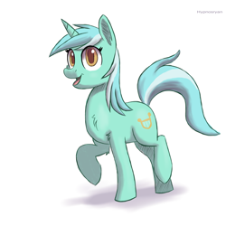 Size: 1500x1500 | Tagged: safe, artist:hypno, lyra heartstrings, chest fluff, colored pupils, colored sketch, ear fluff, looking at you, open mouth, raised hoof, raised leg, shadow, simple background, smiling, solo, walking, white background