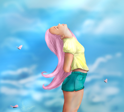 Size: 1706x1544 | Tagged: safe, artist:stratodraw, fluttershy, butterfly, human, clothes, cloud, eyes closed, female, humanized, looking up, shorts, sky, solo