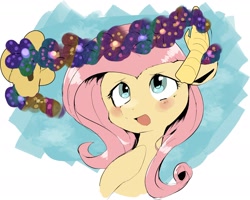 Size: 2388x1907 | Tagged: safe, artist:yajima, discord, fluttershy, pegasus, pony, blushing, disembodied hand, floral head wreath, flower, hand, solo focus, wreath