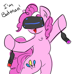 Size: 1000x1000 | Tagged: safe, artist:someponys-scribbles, pinkie pie, earth pony, pony, batman: arkham vr, bipedal, chest fluff, cute, dialogue, fun, open mouth, playing, simple background, smiling, solo, video game, virtual reality, white background