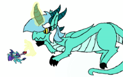 Size: 800x500 | Tagged: safe, artist:dragonpone, derpibooru exclusive, lyra heartstrings, princess ember, dragon, angry, animated, bloodstone scepter, blushing, dragon lord lyra, dragonified, eyes closed, floppy ears, gif, gritted teeth, hair over one eye, head tilt, holding, magic, magic hands, prone, pulling, simple background, size difference, smiling, species swap, spread wings, struggling, teeth, telekinesis, white background