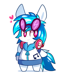 Size: 900x1050 | Tagged: safe, artist:php56, dj pon-3, vinyl scratch, pony, semi-anthro, music to my ears, bipedal, chibi, clothes, cute, equestria girls outfit, headphones, heart, hoodie, hoof hold, impossibly large ears, jacket, pictogram, simple background, smiling, smirk, solo, white background