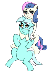 Size: 3000x4470 | Tagged: safe, artist:misseljebel, bon bon, lyra heartstrings, sweetie drops, earth pony, pony, unicorn, blushing, female, floppy ears, lesbian, lidded eyes, looking at each other, looking down, looking up, lyrabon, mare, shipping, simple background, smiling, transparent background