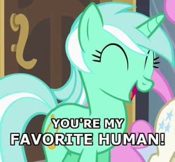 Size: 530x490 | Tagged: safe, edit, edited screencap, screencap, lyra heartstrings, bronybait, caption, cute, eyes closed, humie, image macro, lyrabetes, meme, open mouth, smiling, solo focus, text