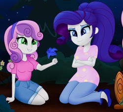 Size: 568x517 | Tagged: safe, artist:theretroart88, edit, editor:thomasfan45, rarity, sweetie belle, equestria girls, adorable face, alternate hairstyle, alternate outfits, beautiful, blouse, camping, clothes, cropped, cute, diasweetes, digital art, duo, female, flower, forest, happy, headband, pants, ponytail, shirt, shorts, siblings, sisters, sitting, sitting on ground, smiling, woman