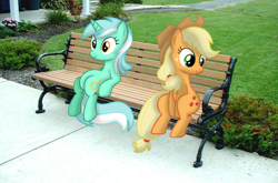 Size: 800x527 | Tagged: safe, artist:appleandmuffin, applejack, lyra heartstrings, bench, irl, photo, ponies in real life, sitting lyra