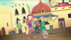 Size: 1600x900 | Tagged: safe, screencap, carlos thunderbolt, orange sherbette, pinkie pie, spike, spike the regular dog, track starr, dog, equestria girls, movie magic, spoiler:eqg specials, background human, clothes, costume, dress, india movie set, kurta, teletoon