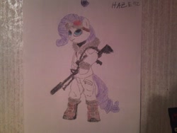 Size: 1600x1200 | Tagged: safe, artist:mr. haze, rarity, anthro, unguligrade anthro, unicorn, boots, clothes, fanfic art, goggles, gun, irl, photo, shoes, solo, traditional art, weapon