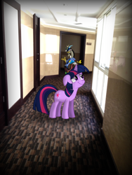 Size: 2448x3264 | Tagged: safe, artist:byteslice, artist:missbeigepony, artist:omarpixel19, derpibooru import, edit, discord, twilight sparkle, hallway, irl, photo, police uniform, ponies in real life, reflection, shadow, window