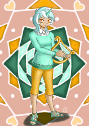 Size: 900x1273 | Tagged: safe, artist:yunsildin, lyra heartstrings, human, clothes, horned humanization, humanized, looking at you, lyre, musical instrument, smiling, solo, sweater, watermark