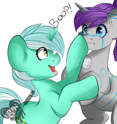 Size: 1024x1083 | Tagged: safe, artist:scarletheartarts, lyra heartstrings, oc, oc:raribot, pony, robot, robot pony, blushing, boop, canon x oc, looking at each other, open mouth, shipping, silly, simple background, smiling, watermark, white background