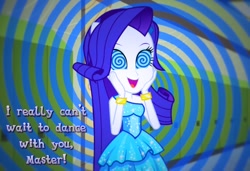 Size: 1024x699 | Tagged: safe, artist:snakeythingy, rarity, equestria girls, bracelet, canterlot high, clothes, cute, dancing, dress, excited, fall formal, fall formal outfits, hallway, hands on cheeks, happy, hypno eyes, hypnosis, hypnotized, jewelry, lockers, master, ponied up, ponytail, raribetes, sexy, solo, spiral, story included, swirly eyes, text