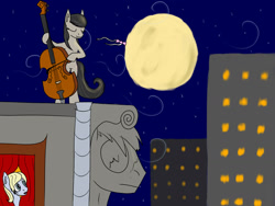 Size: 1600x1200 | Tagged: safe, artist:cromachy, octavia melody, oc, earth pony, pony, cello, moon, musical instrument, roof