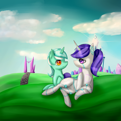 Size: 5000x5000 | Tagged: safe, artist:rainbow-marble, lyra heartstrings, oc, oc:raribot, pony, robot, robot pony, absurd resolution, blushing, canon x oc, cloud, crystal empire, honeymoon, lidded eyes, marriage, married couple, shipping, sky, smiling, vacation