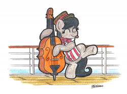 Size: 1738x1296 | Tagged: safe, artist:bobthedalek, octavia melody, earth pony, pony, bowtie, cello, clothes, dancing, hat, musical instrument, solo, straw hat, traditional art, waistcoat