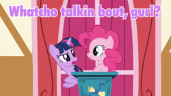 Size: 640x360 | Tagged: safe, derpibooru import, screencap, pinkie pie, twilight sparkle, earth pony, pony, image macro, meme, purple text