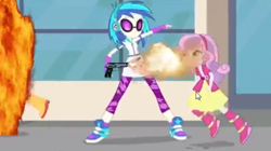 Size: 487x272 | Tagged: safe, edit, screencap, dj pon-3, sweetie belle, vinyl scratch, equestria girls, gun, youtube, youtube poop