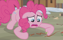 Size: 1077x692 | Tagged: safe, screencap, pinkie pie, pony, not asking for trouble, cropped, floppy ears, sad, solo, twig